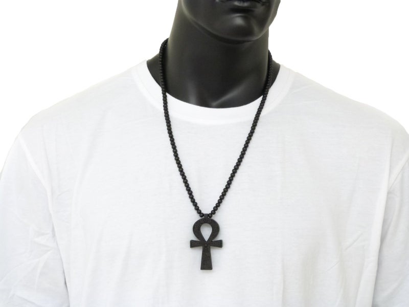 Fashion 21 Egyptian Ankh Cross Pendant 6mm 27" Stretchable Wooden Bead Necklace (3 Colors Available) (Black) - Image 5